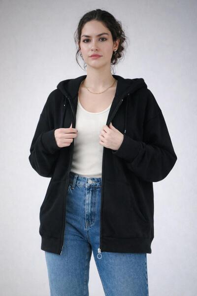 MaviMoure UNISEX MEVSİMLİK 2 İPLİK FERMUARLI KAPUŞONLU HIRKA (İÇİ POLARLI DEĞ...