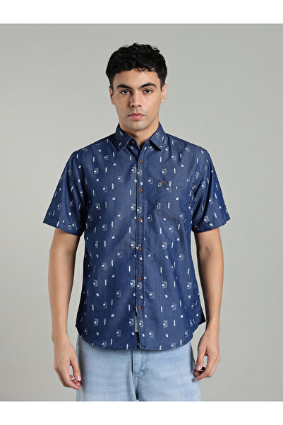 KUONS AVENUE By Styli Men Blue Denim Print Short Sleeve Shirt