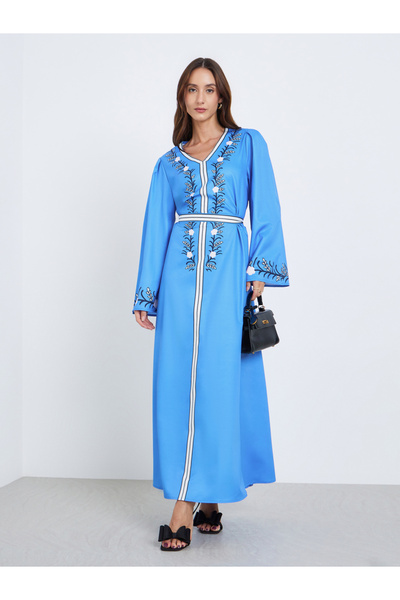 Take Two By Styli Women Blue Floral Print Belted Maxi Dress