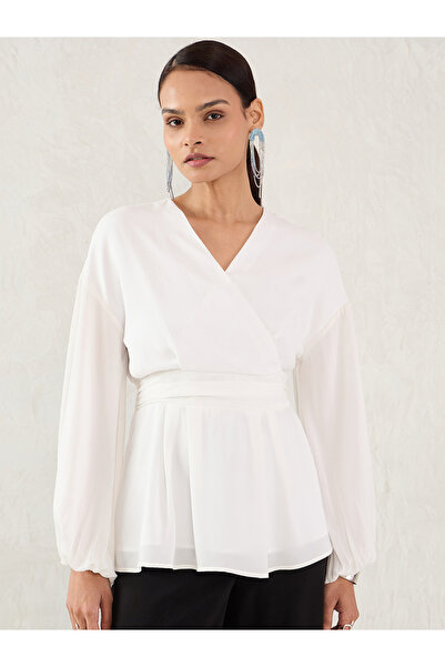 Femmella By Styli Women White Balloon Sleeve Wrap Top