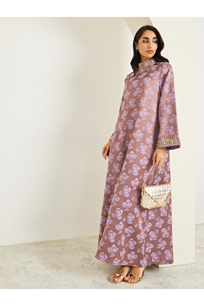 Styli جلابية نسائية بياقة عالية من قماش الجاكار مزينة بالدانتيل