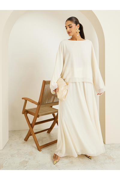Styli Women Off White Chiffon Top with Maxi Skirt Co-Ords