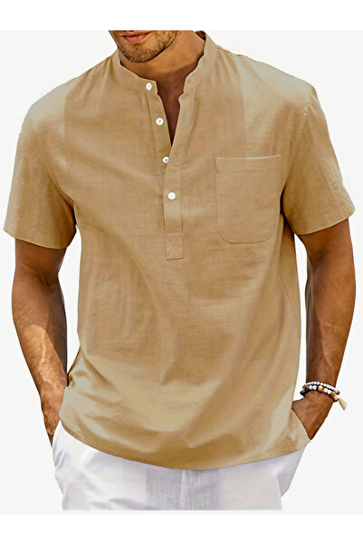 Take Two By Styli Men Casual Stand Collar Linen Look Shirt