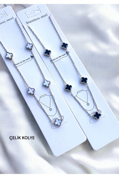 AychaAksesuar Çelik gümüş renk siyah küçük yoncalı kısa kolye