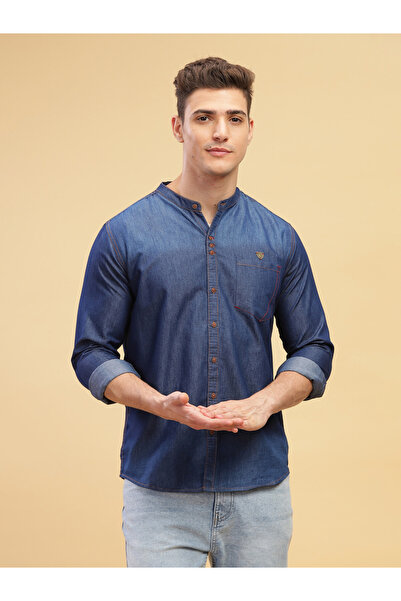 KUONS AVENUE By Styli Men Blue Denim Mandarin Collar Shirt
