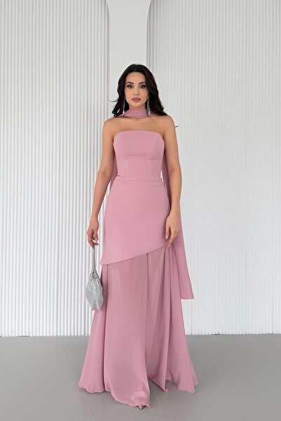 Serica Moda Powder Tulle Skirted Strapless Evening Dress with Shawl Detail