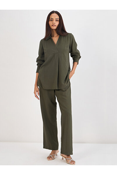 Femmella By Styli Women Olive Collared Top with Trousers Co-Ords