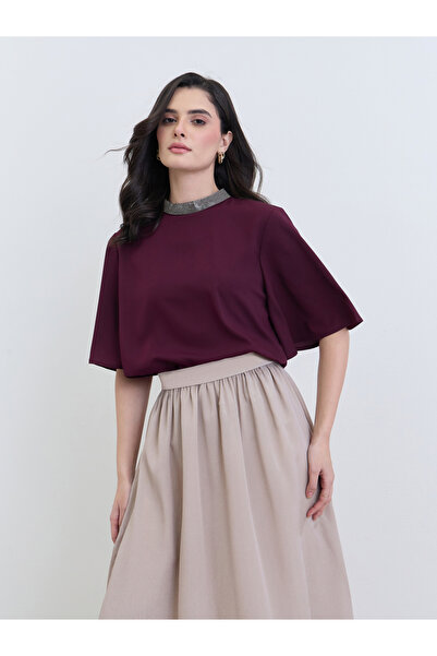 Styli Women Purple Beaded Neckline Flutter Sleeve Blouse