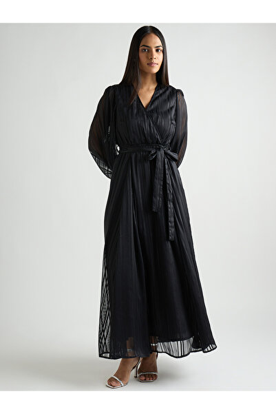 Styli Women Black Balloon Sleeve Wrap Maxi Dress