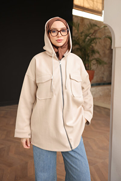 İmajButik Stone Hooded Zippered Cashmere Jacket