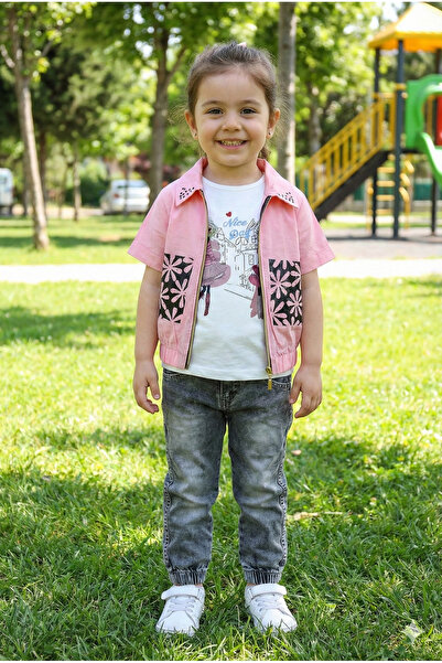 mj kids Girl's 3-Piece Denim Set – Zippered Vest, Printed T-Shirts and Pants