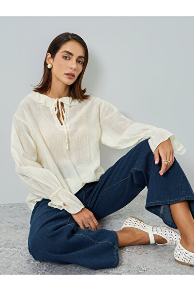 Take Two By Styli Women White Ruffle Trim Long Sleeve Top