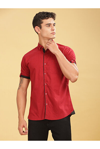 KUONS AVENUE By Styli Men Red Linen Blend Short Sleeve Shirt