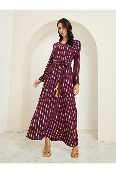 Styli Women Foil Print Jalabiya with Tassel Trim Belt