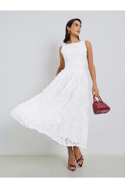 Styli Women White Roses Detail Sleeveless Midi Dress