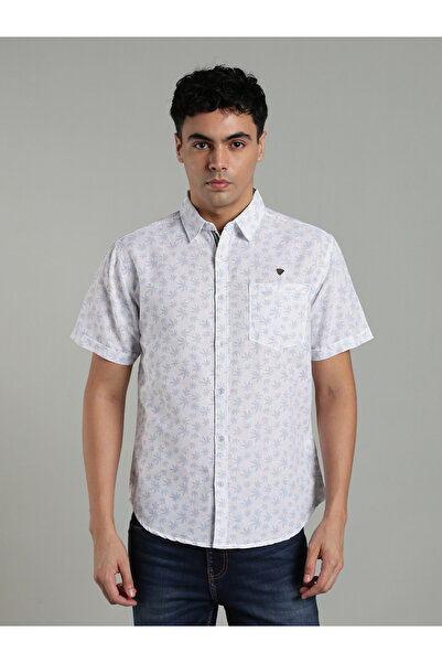 KUONS AVENUE By Styli Men White Leaf Print Linen Cotton Shirt