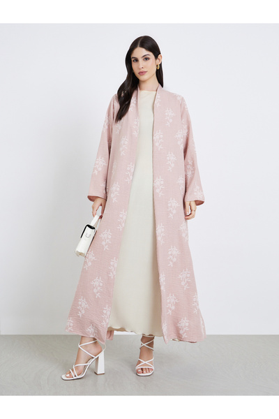 Styli Women Pink Floral Print Open Front Abaya