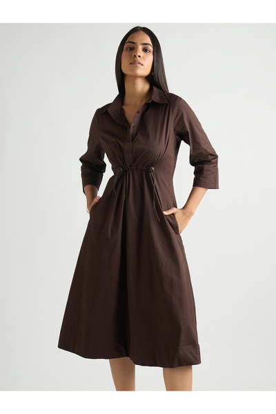 Styli Women Coffee Brown Poplin Cinched Waist Midi Dress