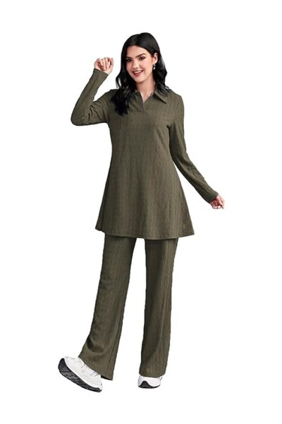 MYSMAR Women's Solid Color Two-Piece Set | Long Sleeve Top & Wide Leg Pants C...