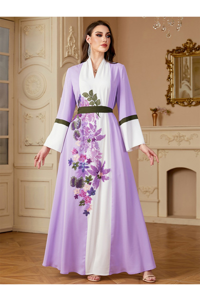 Take Two By Styli Women Lilac Sequin Patch Detail Belted Jalabiya