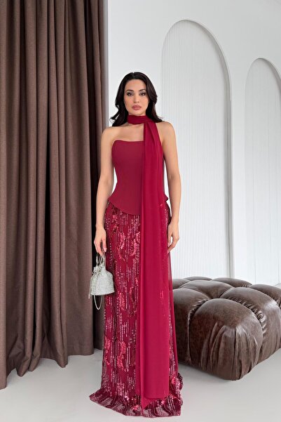 Serica Moda Burgundy Strapless Long Mermaid Evening Dress with Stone Shawl De...