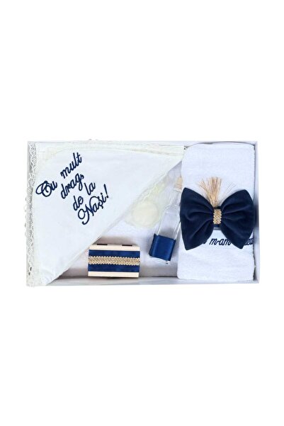 OEM Trusou Botez cu Broderie Bleumarin si Funda Eleganta cu Auriu