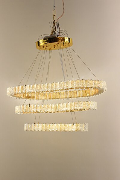 GN GEN AYDINLATMA Modern Gold 3lü Kristal Taşlı Oval Halka Model Şık Salon Le...