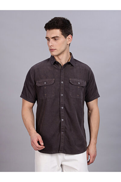 KUONS AVENUE By Styli Men Grey Corduroy Short Sleeve Shirt
