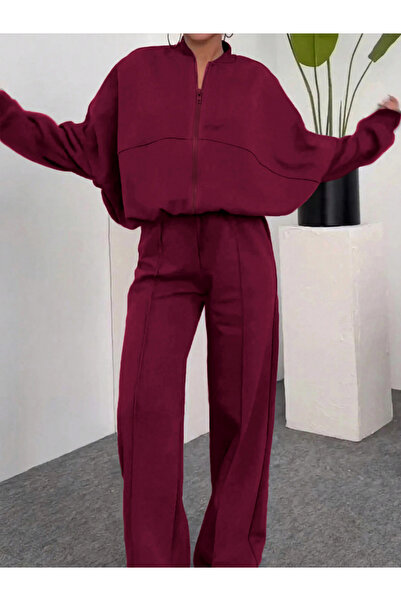 Take Two By Styli Women Burgundy Jacket with Wilde Leg Pants Co-Ords