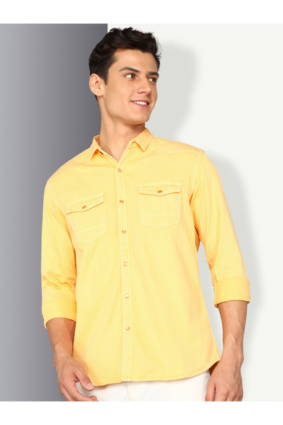 KUONS AVENUE By Styli Men Yellow Double Pockets Denim Shirt