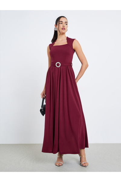 Styli Women Burgundy A-Line Maxi Dress with Belt