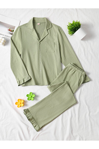Take Two By Styli Solid Pocket Detail Shirt and Ruffle Hem Pyjama Set