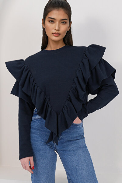Trend Alaçatı Stili Bluză de iarnă cu textură și volane, albastru marin, pent...