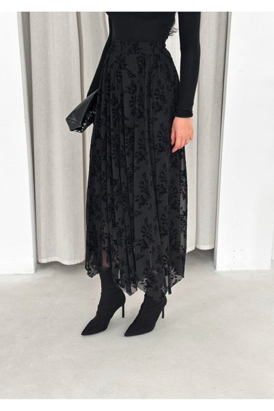 MİSPİER Asymmetric Cut Flock Printed Tulle Lined Skirt (Suitable for Modest Wear)