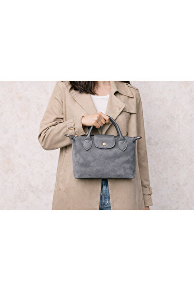 HBS Suede Women's Handbag – Gold Detail, Short Handle - Stylish and Everyday Use