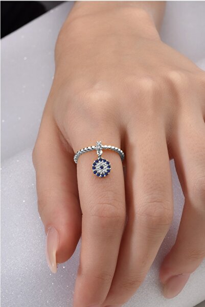 jelux silver Gümüş 925 Ayar Nazar Sallantılı Zirkon Taşlı Ayarlanabilir Yüzük