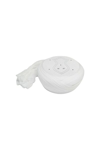 Sarıkhane Çocuk Namaz Sarığı - Beyaz Kumaş - Beyaz Takke - Çapraz Sarım - Nâl...