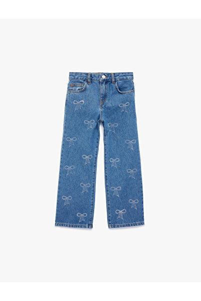 Koton Cotton Bow Printed Stone Detailed Denim Trousers