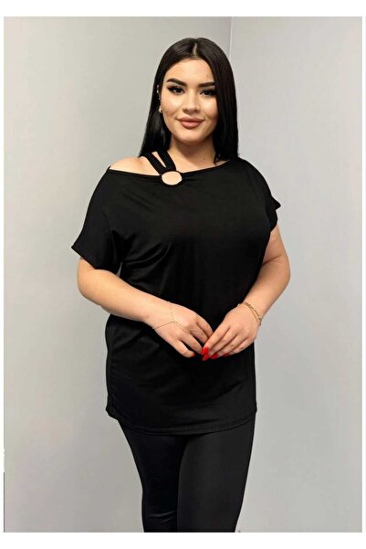 LAVRE Kadın Siyah Bol Kesim Omuz Dekolteli Halka Detaylı Kısa Kollu Tişört Bluz