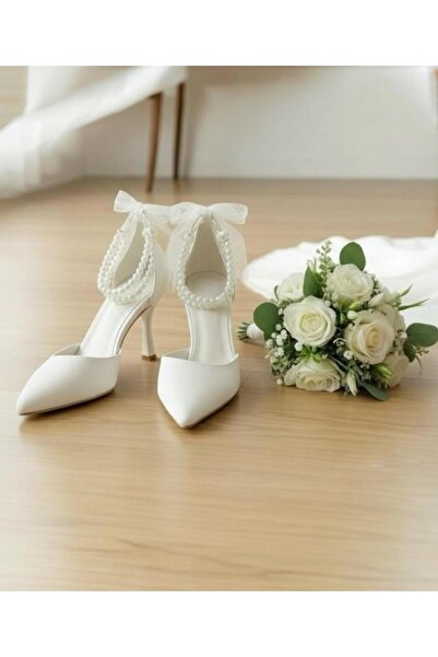 Vento Milano Milano216 Kısa Topuklu Ayakkabı Beyaz Cilt İnci Bilekli Gelin Ni...