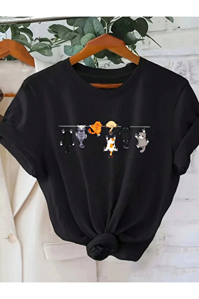 one button Unisex Sevimli Kedi Baskılı Basic Bisiklet Yaka Regular T-shirt %1...