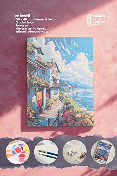 caps office Sayılarla Boyama Sahil Kasabası Yolu Temalı Tuval Tablo Seti | Bü...
