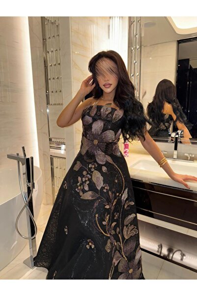 BROOKLYN STYLE فستان سهرة فاخر باللون الأسود وتطريزات الزهور اللامعة - إطلالة...