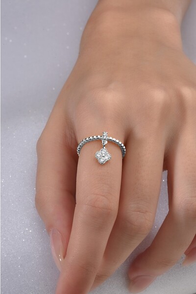jelux silver Gümüş 925 Ayar Yonca Sallantılı Zirkon Taşlı Ayarlanabilir Yüzük