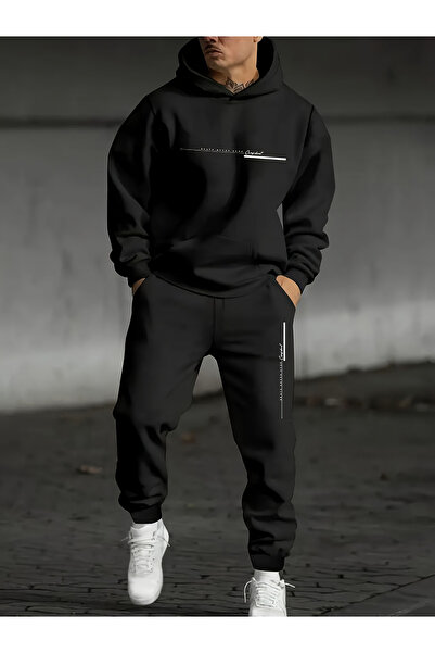 mercoledi Yazı Printed Men's Hooded Top Jogger Bottom Tracksuit Set Oversized...