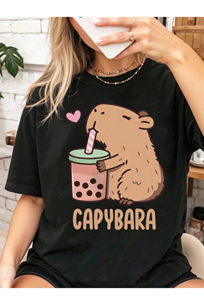 one button Sevimli Capybara Baskılı Basic Bisiklet Yaka Regular T-shirt %100 ...