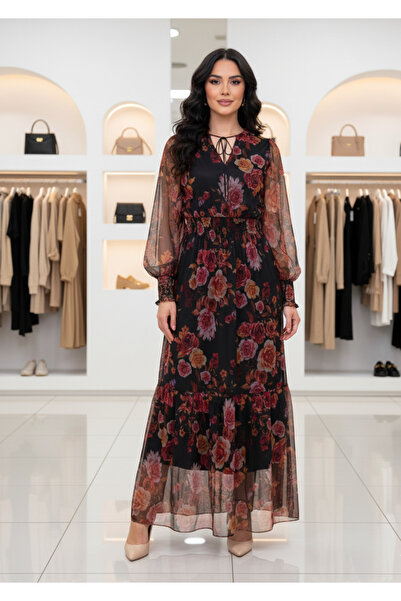 MQ Long floral chiffon dress with long sleeves