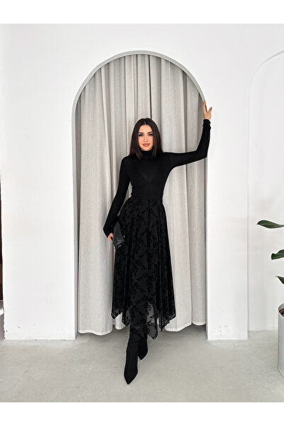 MAİMODA تنورة تيسلتير غير متماثلة من قماش التول مطبوع