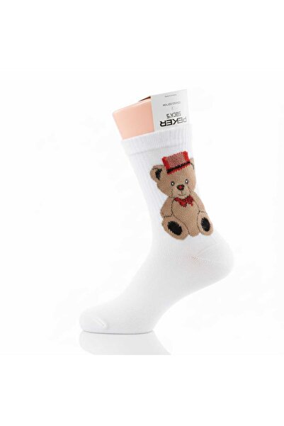 S&G PRO COLLECTION Kışlık Ayıcık Desenli Uzun Beyaz Çorap