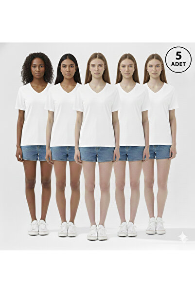 jeneric Women's White 5 Pieces 100% Organic Cotton V-Neck Loose Fit Short Sle...
